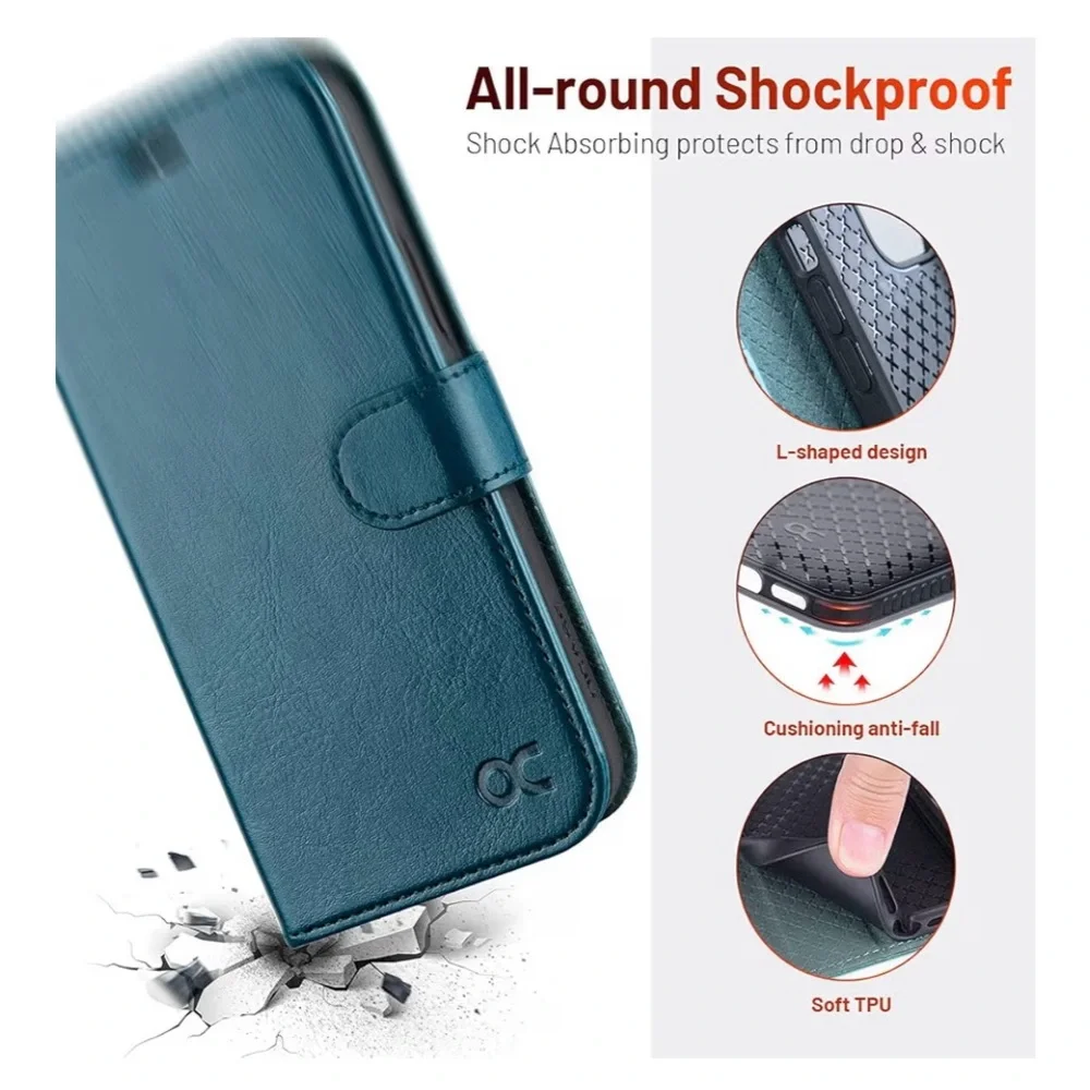 OCASE iPhone 12 / 12 Pro Wallet Case RFID PU Leather Flip Kickstand Peacock Blue
